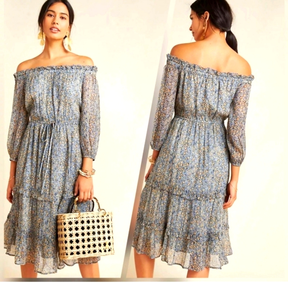 Anthropologe Dress Size 6 Peasant Off the Shoulder Midi Dress NWOT - Picture 6 of 12